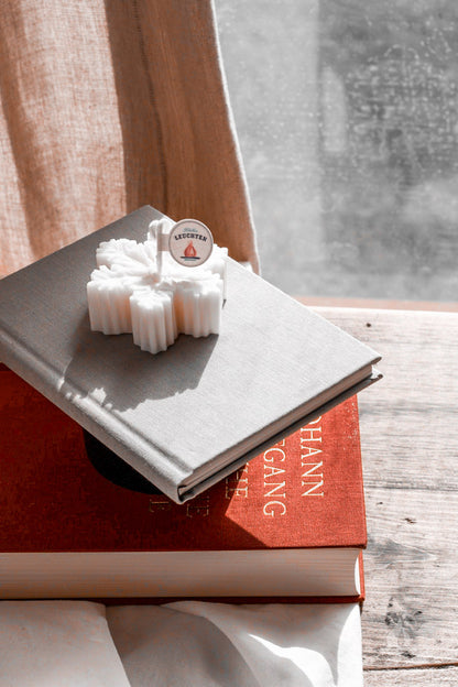 Rapswachskerze als Schneeflocke auf Bücherstapel am Fenster